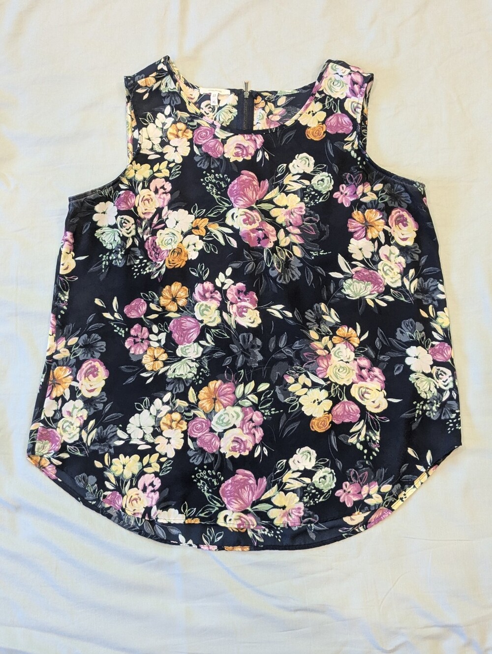 Maurice Women's Top, Black With Floral Print, Zipper & Pleated Back. Sleeveless